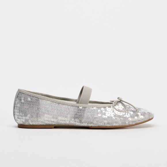 NWT Zara silver sequin ballerina flats with elastic strap and bow detail, 6.5 - Picture 3 of 13